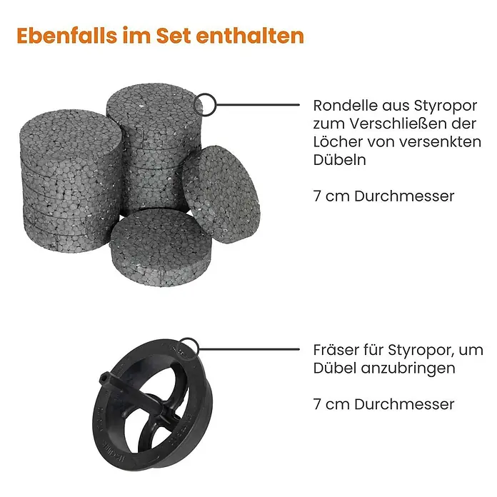 Protektor Dämmstoffdübel - Kunststoff - Graue Styropor-Rondellen (7 cm) zum Verschließen von Dübellöchern und ein schwarzer Styropor-Fräser (7 cm).