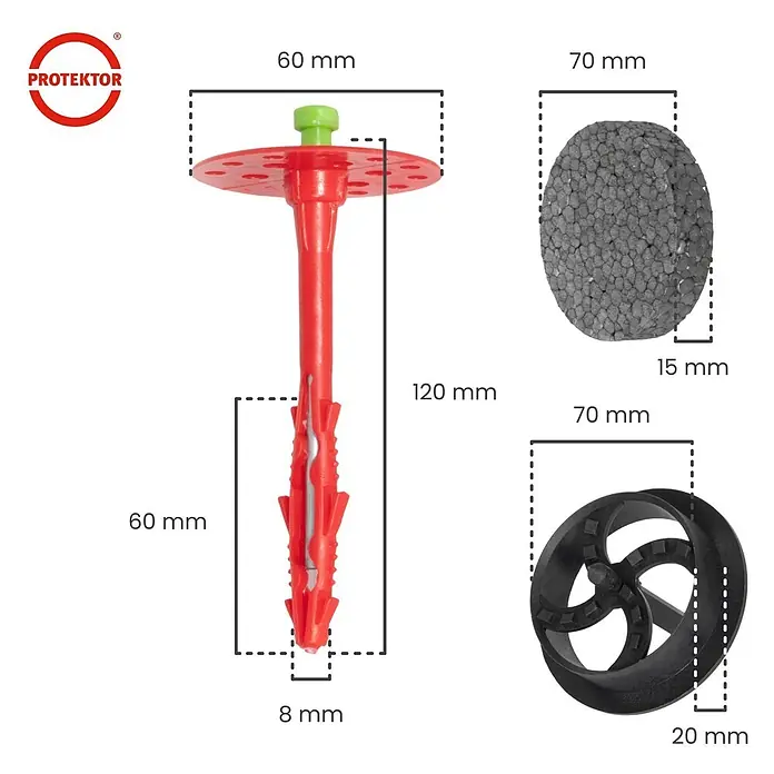 Protektor Dämmstoffdübel - Kunststoff - Roter Kunststoff-Dämmstoffdübel (120mm) mit grünem Stift, grauer Schaumstoffstopfen und schwarze Kappe mit Maßen.