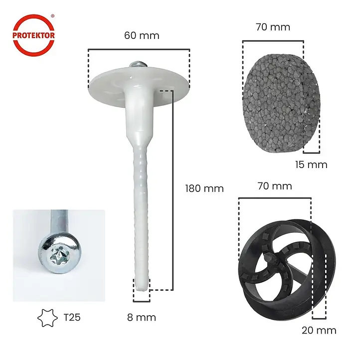 Protektor Dämmstoffdübel - Kunststoff - Dämmstoffdübel (180mm) mit T25 Schraube, EPS-Stopfen und Kunststoffkappe. Durchmesser 60mm/70mm.
