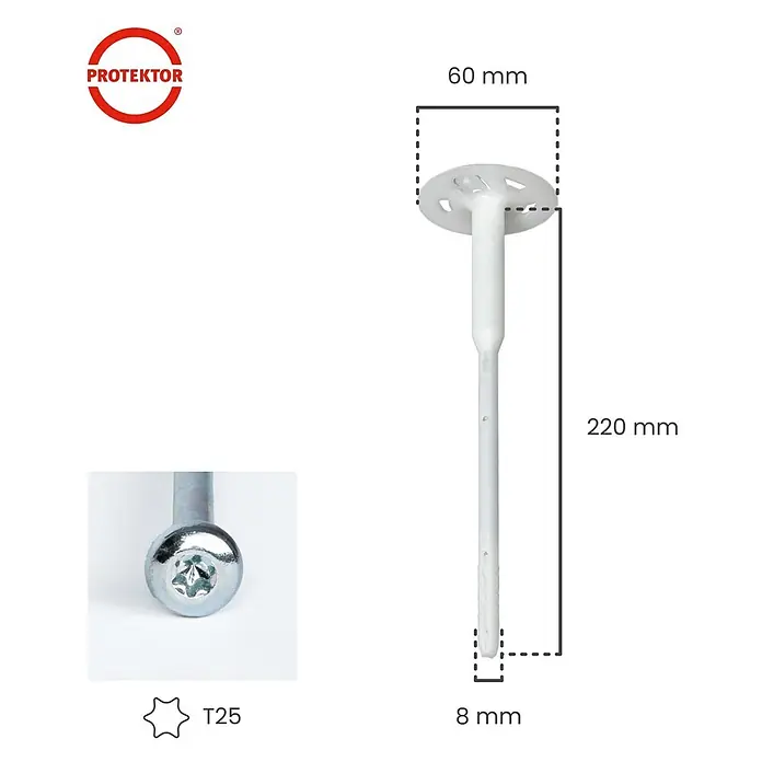 Protektor Dämmstoffdübel - Kunststoff - Weißer Kunststoff-Isolierdübel, 220 mm lang mit 60 mm Kopf und 8 mm Schaft. Inklusive T25 Torx-Antriebsschraubenkopf.