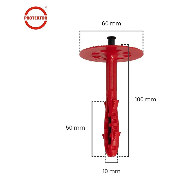 Protektor Dämmstoffdübel - Kunststoff - Roter Kunststoff-Isolierdübel, 100mm lang, mit 60mm Kopfdurchmesser, 50mm Spreizteil und 10mm Spitze.