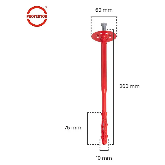 Protektor Dämmstoffdübel - Kunststoff - Roter Dämmstoffdübel mit grauem Stift, 260 mm lang, mit Maßen dargestellt.