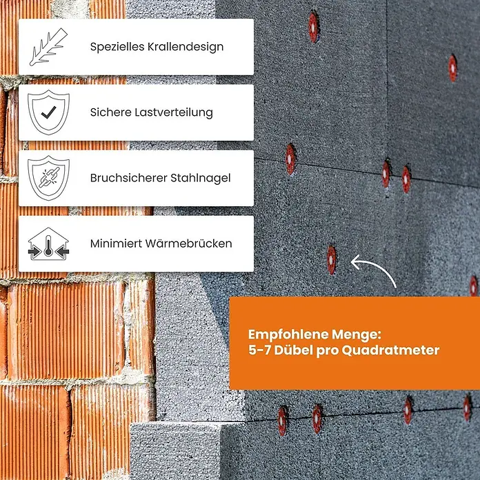 Protektor Dämmstoffdübel - Kunststoff - Rote Dübel befestigen dunkle Isolierplatten an einer Ziegelwand, mit Hinweisen zu Design, Lastverteilung, Stahlnagel, minimierten Wärmebrücken und 5-7 Dübel/m².