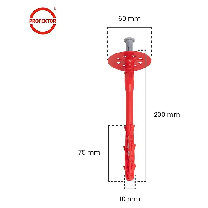 Protektor Dämmstoffdübel - Kunststoff - Roter Kunststoff-Isolierdübel mit grauem Stift, Maße: 200mm Gesamtlänge, 60mm Teller, 75mm Setztiefe, 10mm Bohrloch.