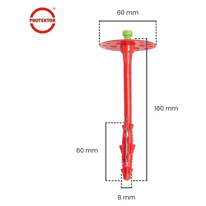 Protektor Dämmstoffdübel - Kunststoff - Roter und grüner Kunststoff-Isolierdübel, 160mm lang mit 60mm Tellerkopf und 8mm Ankerdurchmesser.