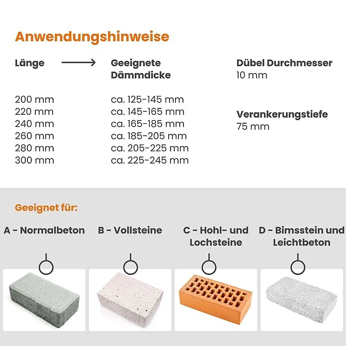 Protektor Dämmstoffdübel - Kunststoff - Technische Daten: Dübellänge, Dämmdicke, 10mm Durchmesser, 75mm Verankerungstiefe und kompatible Baumaterialien (Beton, Ziegel).