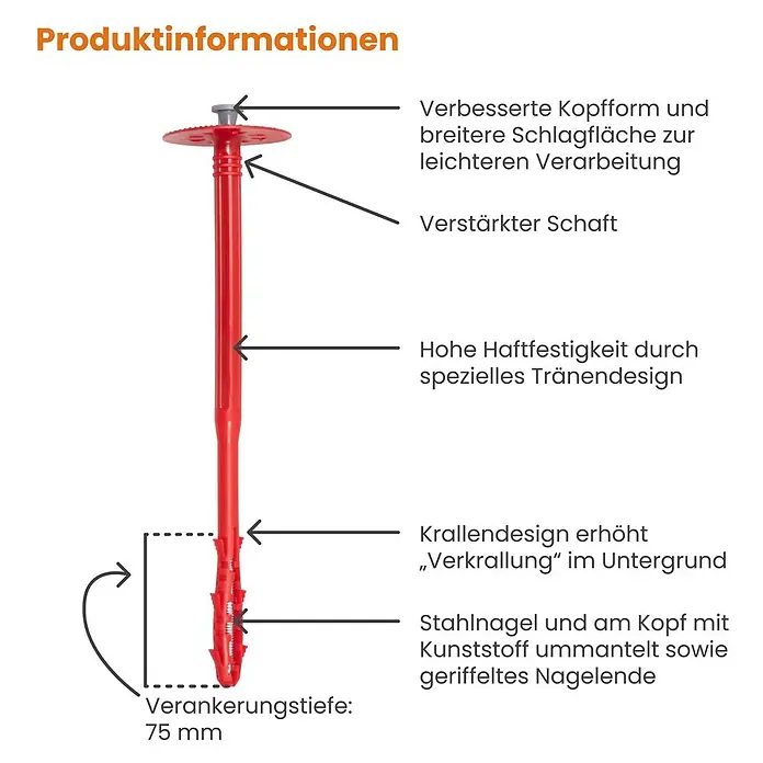 Protektor Dämmstoffdübel - Kunststoff - Roter Dämmstoffdübel mit grauem Nagel, mit verbesserter Kopfform, verstärktem Schaft und speziellem Design für besseren Halt. Verankerungstiefe 75 mm.