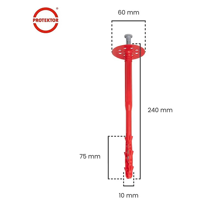 Protektor Dämmstoffdübel - Kunststoff - Roter Isolierdübel, 240 mm lang, mit breitem Kopf zur Befestigung von Wärmedämmung.