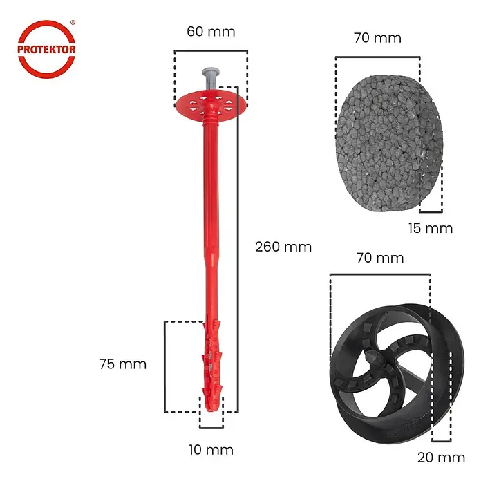 Protektor Dämmstoffdübel - Kunststoff - Roter Dämmstoffdübel mit grauem Stift, Kappe und schwarzer Spiralrosette für Wärmedämmung.