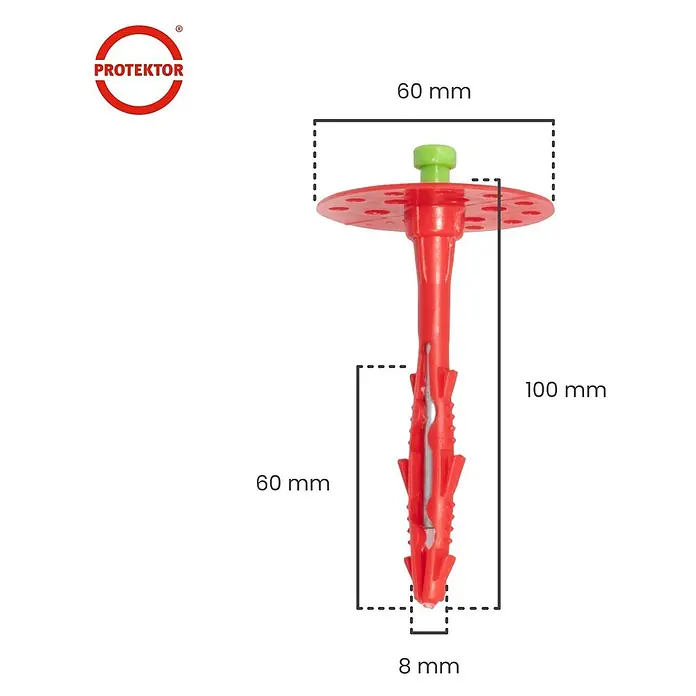 Protektor Dämmstoffdübel - Kunststoff - Roter und grüner Isolierdübel, 100 mm lang, mit 60 mm Teller und 8 mm Durchmesser.