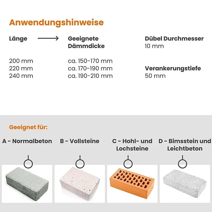 Protektor Dämmstoffdübel - Kunststoff - Anwendungshinweise und Materialkompatibilität für Befestigungsmittel, mit Längen, Dämmdicken, Dübeldurchmesser, Verankerungstiefe und Steinarten.