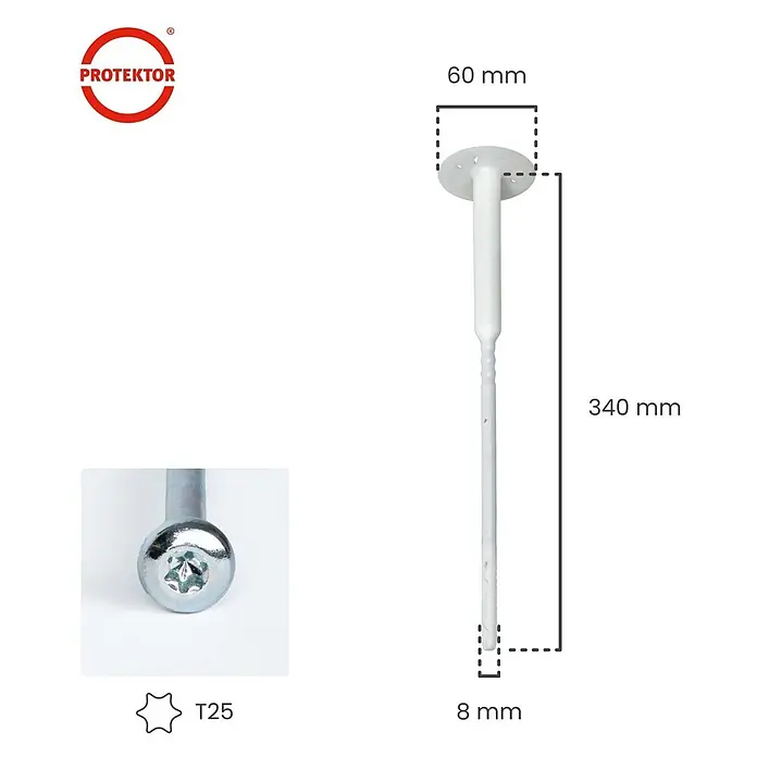Protektor Dämmstoffdübel - Kunststoff - Weißer PROTEKTOR Fassadendübel, 340mm lang, Kopf Ø 60mm, Schaft Ø 8mm, mit T25 Torxschraube.