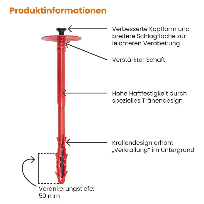 Protektor Dämmstoffdübel - Kunststoff - Roter Einschlagdübel mit schwarzem Nagel, mit verstärktem Schaft und Krallendesign für starken Halt.