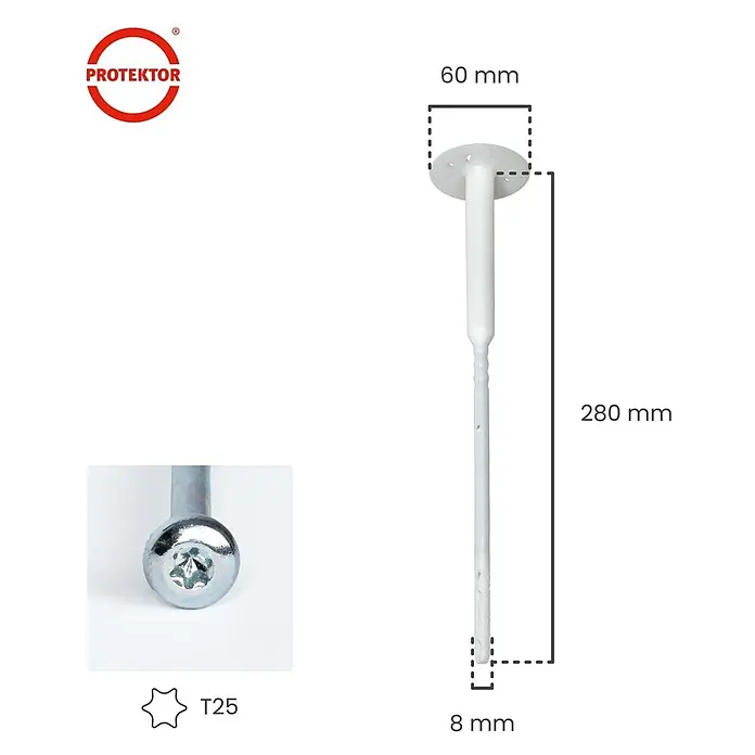 Protektor Dämmstoffdübel - Kunststoff - Weißer Kunststoff-Dämmstoffdübel, 280mm lang, mit 60mm Teller und 8mm Schaft, daneben ein T25 Torx-Schraubenkopf.