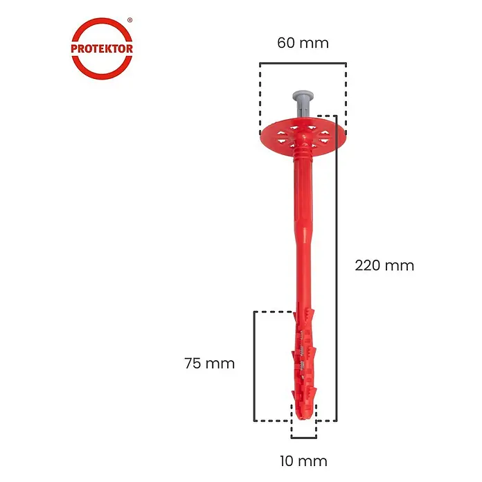 Protektor Dämmstoffdübel - Kunststoff - Roter Dämmstoffdübel, 220mm lang, 60mm Teller, 75mm Spreizzone, zur Dämmstoffbefestigung.