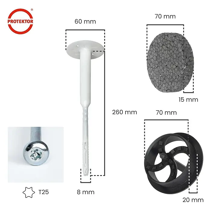 Protektor Dämmstoffdübel - Kunststoff - Dämmstoffbefestigungsset: weißer Kunststoffdübel (260mm), verzinkte T25-Schraube, graue Dämmkappe (70x15mm), schwarze Scheibe (70x20mm).