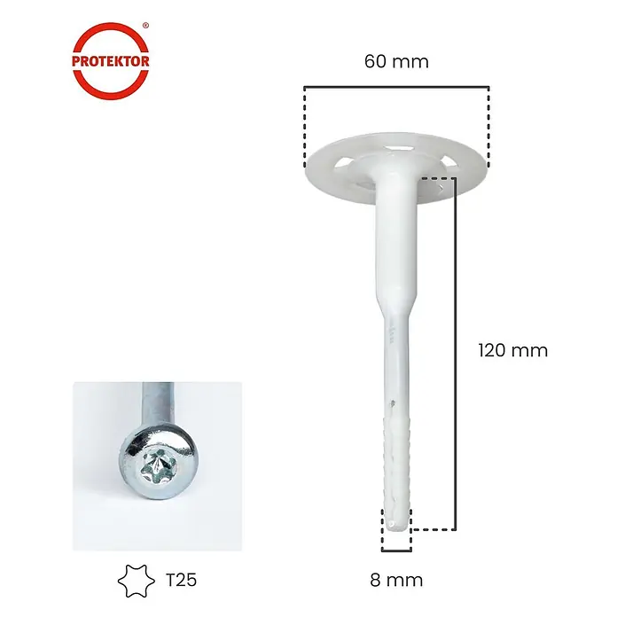 Protektor Dämmstoffdübel - Kunststoff - Weißer Kunststoff-Isolierdübel, 120mm lang, mit 60mm Kopf, 8mm Schaft und T25 Torx Schraube.