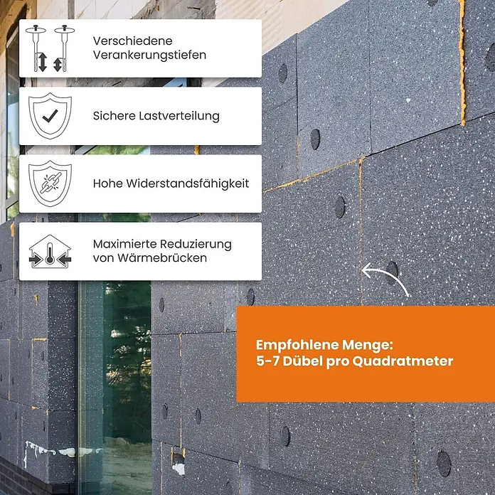 Protektor Dämmstoffdübel - Kunststoff - Dunkelgraue Dämmplatten mit sichtbaren Dübeln sind an einer Gebäudewand montiert. Informationen zu Eigenschaften und Dübelmenge sind abgebildet.