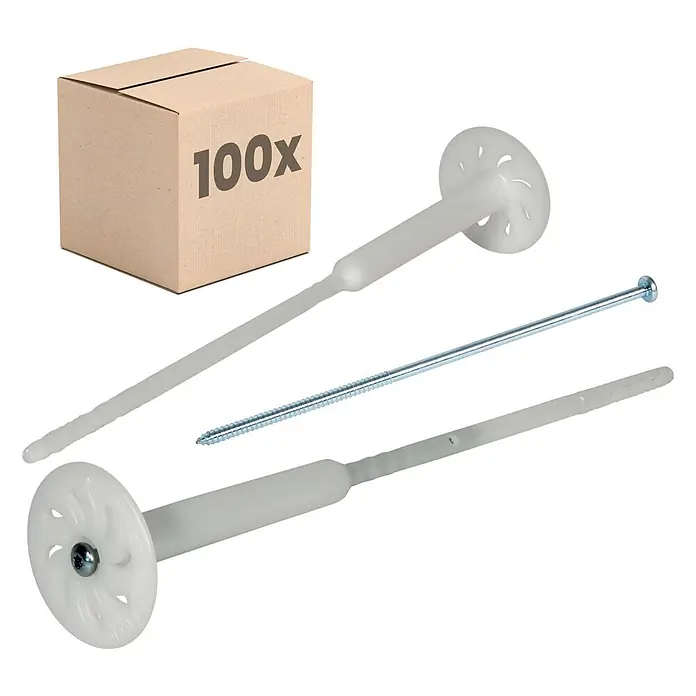 Protektor Dämmstoffdübel - Kunststoff - Weiße Kunststoff-Dämmstoffdübel mit Metallschrauben, im Karton als 100er-Packung gezeigt.
