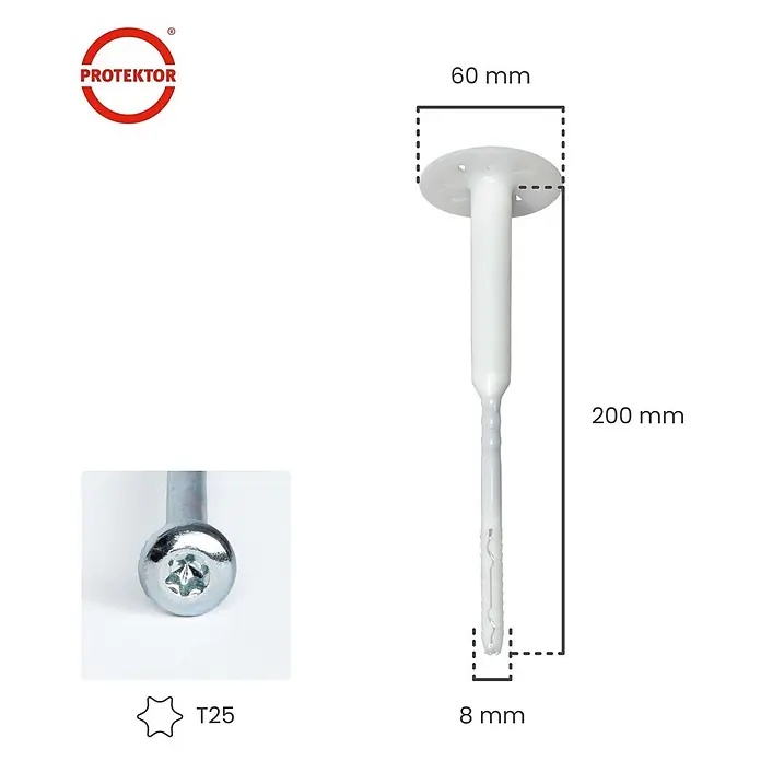 Protektor Dämmstoffdübel - Kunststoff - Weißer Protektor Dämmstoffdübel, 200mm lang mit 60mm Teller und 8mm Schaft, gezeigt mit T25 Torx Schraube.