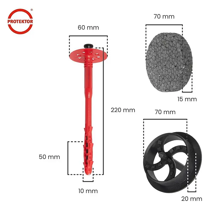 Protektor Dämmstoffdübel - Kunststoff - Roter Kunststoff-Isolierdübel (220 mm) mit grauer Schaumkappe und schwarzer Kunststoffkappe, Maße dargestellt.