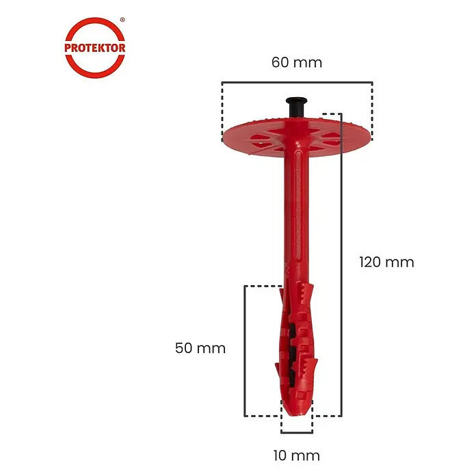 Protektor Dämmstoffdübel - Kunststoff - Roter Dämmstoffdübel mit schwarzem Stift, detailliert mit 120mm Länge und 60mm Kopfdurchmesser.