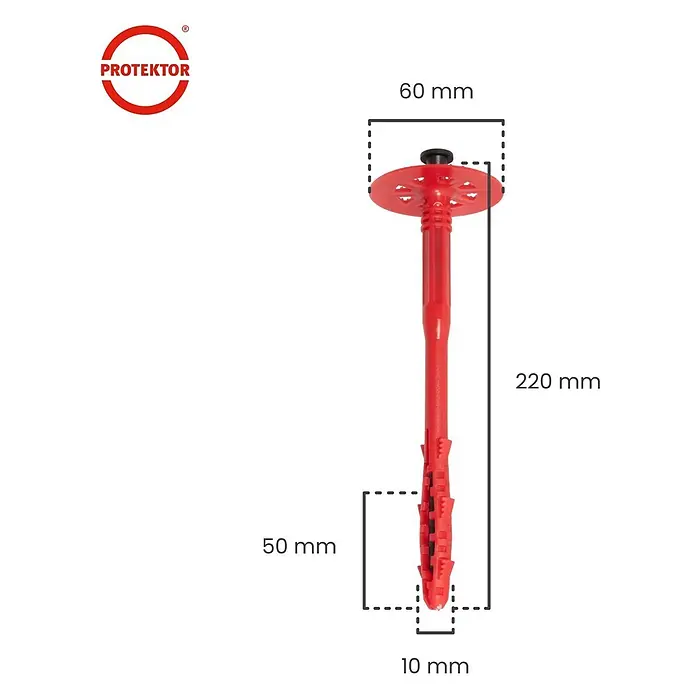 Protektor Dämmstoffdübel - Kunststoff - Roter Dämmstoffdübel mit Tellerkopf und schwarzem Stift, Maße: 220mm Länge, 60mm Kopfdurchmesser, 50mm Spreizteil, 10mm Schaftdurchmesser.