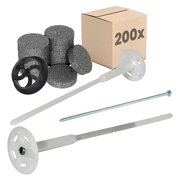 Protektor Dämmstoffdübel - Kunststoff - Befestigungsset für Dämmplatten mit grauen Polystyrol-Dämmstopfen, Kunststoffdübeln, Metallschrauben, schwarzem Montagewerkzeug und Karton mit "200x".