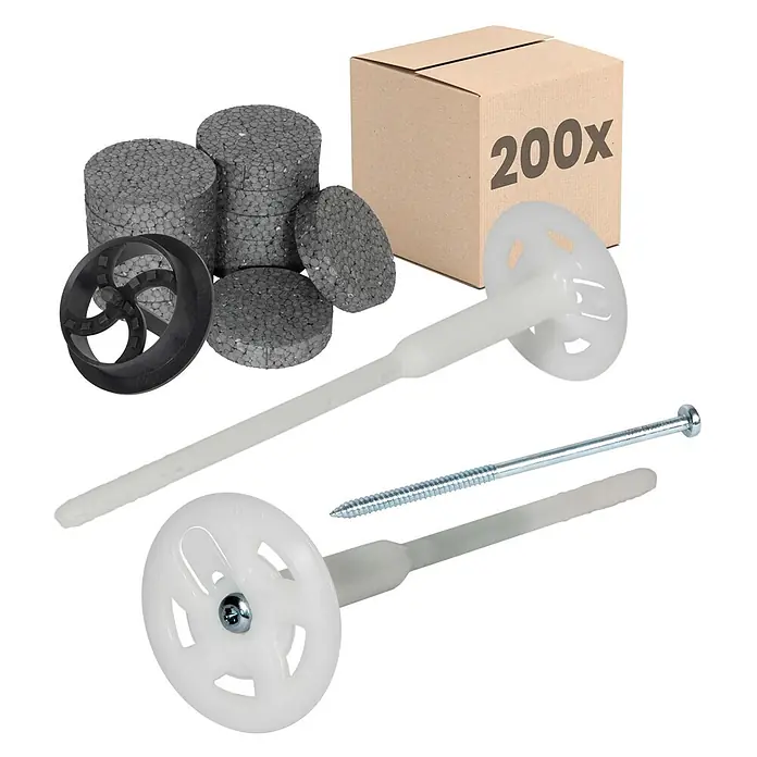 Protektor Dämmstoffdübel - Kunststoff - Set aus weißen Kunststoff-Isolierdübeln mit Schrauben, dunkelgrauen EPS-Dämmstoffrondellen und schwarzem Fräser, 200 Stück.