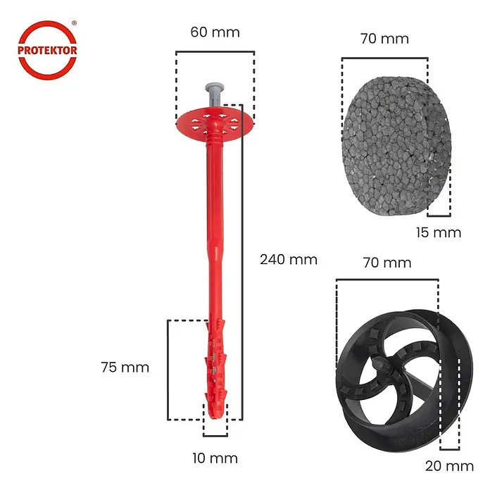Protektor Dämmstoffdübel - Kunststoff - Roter Isolierdübel mit grauem Stift, 240mm lang, 60mm Kopf, 10mm Schaft. Inkl. 70x15mm EPS-Kappe und 70x20mm schwarzer Kunststoffkappe.