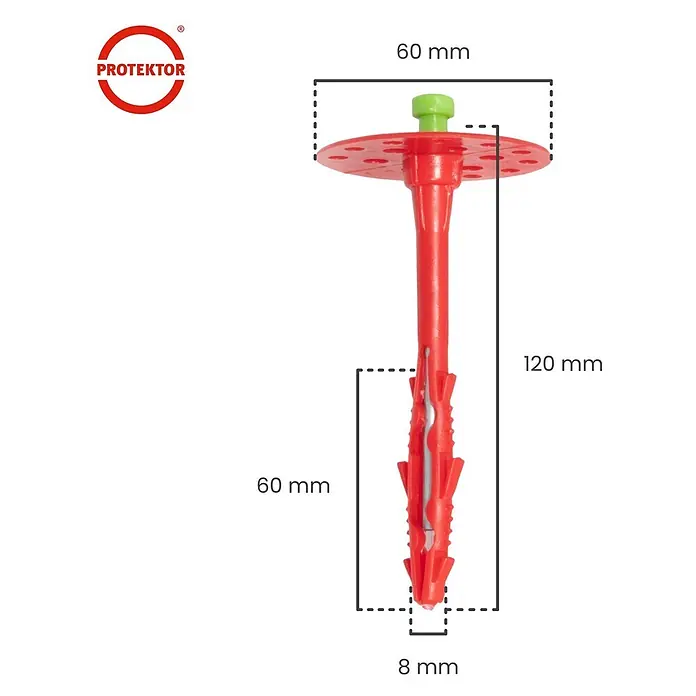 Protektor Dämmstoffdübel - Kunststoff - Roter Kunststoff-Dämmstoffdübel mit grünem Stift, 120mm lang, 60mm Kopf und 8mm Durchmesser.