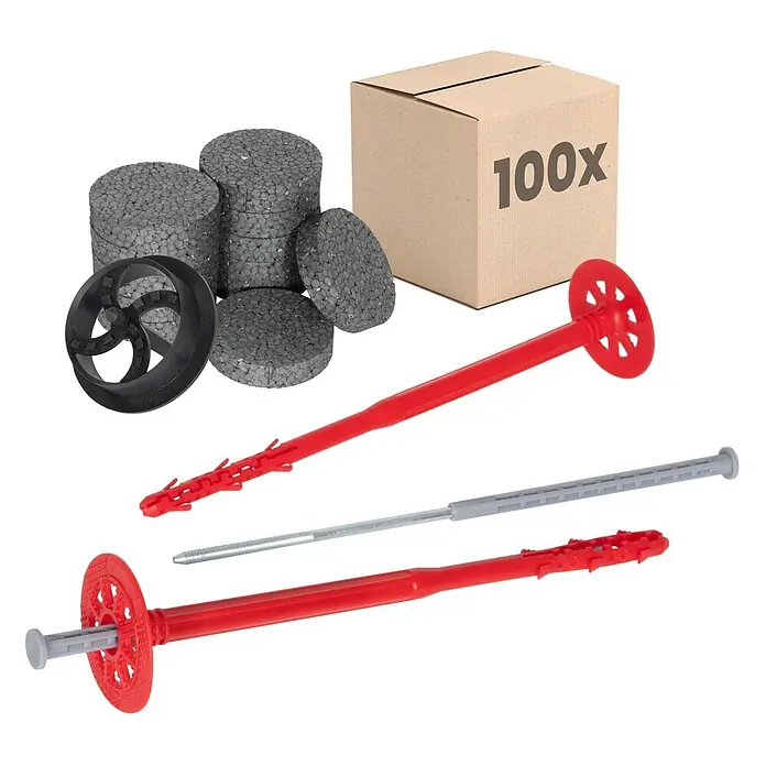 Protektor Dämmstoffdübel - Kunststoff - Set grauer Dämmstoffdübel, rote Kunststoffdübel mit Stiften, schwarzes Schneidewerkzeug und eine "100x" beschriftete Box.