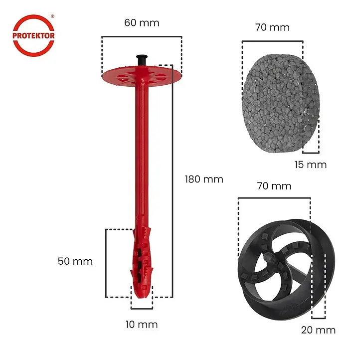 Protektor Dämmstoffdübel - Kunststoff - Roter Isolationsdübel, 180mm lang, mit grauem EPS- und schwarzem Kunststoff-Dämmteller zur Befestigung.