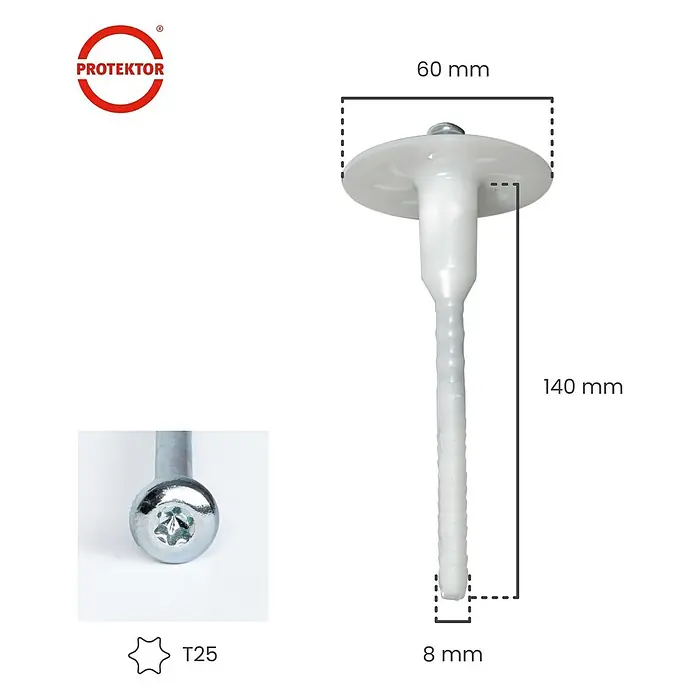 Protektor Dämmstoffdübel - Kunststoff - Weißer PROTEKTOR Dämmstoffdübel aus Kunststoff mit Metallschraube (T25 Torx), 60mm Kopf, 140mm Länge, 8mm Schaft.