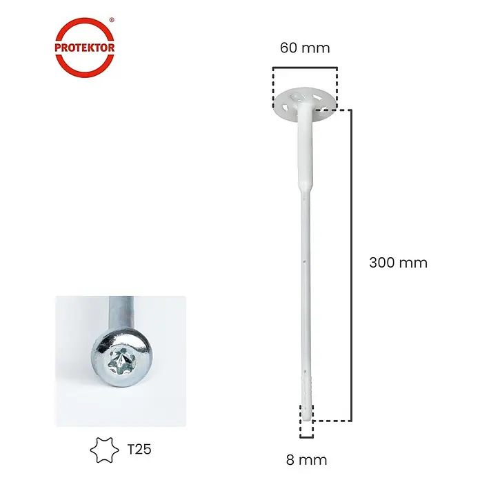 Protektor Dämmstoffdübel - Kunststoff - Weißer Kunststoff-Dämmstoffdübel, 300 mm lang, 60 mm Kopf, 8 mm Schaft. Inkl. T25 Torx-Schraube.