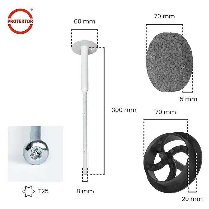 Protektor Dämmstoffdübel - Kunststoff - Weißes 300mm Dämmstoffdübel-Set mit T25 Schraube, 70mm schwarzer Rosette und 70mm grauer Dämmkappe.