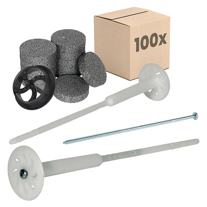 Protektor Dämmstoffdübel - Kunststoff - Isolierdübel-Set für 100 Anwendungen: graue EPS-Teller, weiße Kunststoffdübel, Metallschrauben und schwarze Werkzeuge.