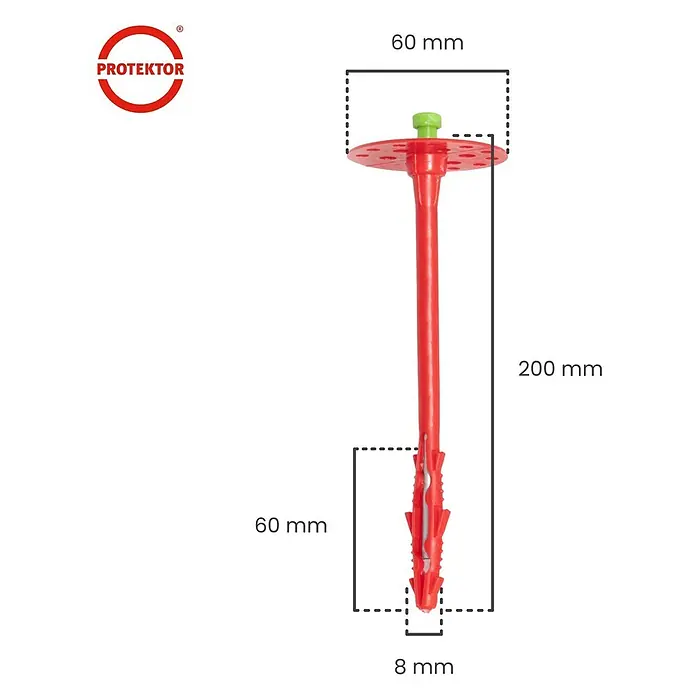 Protektor Dämmstoffdübel - Kunststoff - Roter Kunststoff-Dämmstoffdübel mit 60mm Tellerdurchmesser, 200mm Gesamtlänge und 8mm Spreizteil. Marke: Protektor.
