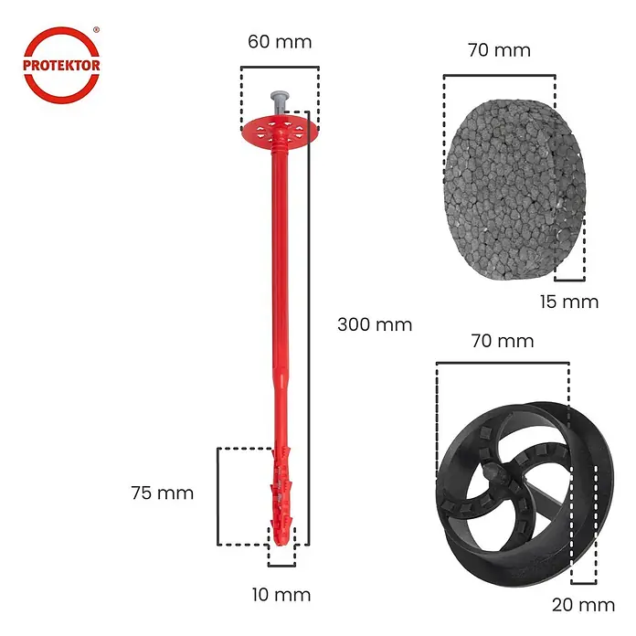 Protektor Dämmstoffdübel - Kunststoff - Roter Isolationsdübel mit grauem Stift, grauer Isolationskappe und schwarzem Fräswerkzeug, alle mit Maßen.