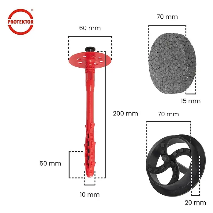 Protektor Dämmstoffdübel - Kunststoff - Roter Kunststoff-Dämmstoffdübel, 200mm lang mit 60mm Teller, gezeigt mit grauer Schaumkappe und schwarzer Kunststoffkappe (70mm Durchmesser).