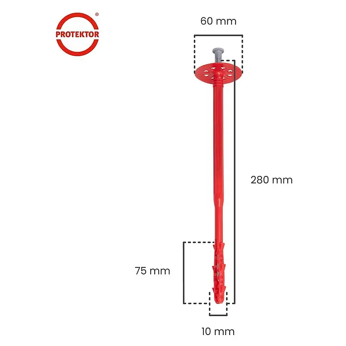 Protektor Dämmstoffdübel - Kunststoff - Roter Isolierdübel mit grauem Stift, 280mm lang, 60mm Kopfdurchmesser, 10mm Schaftdurchmesser.