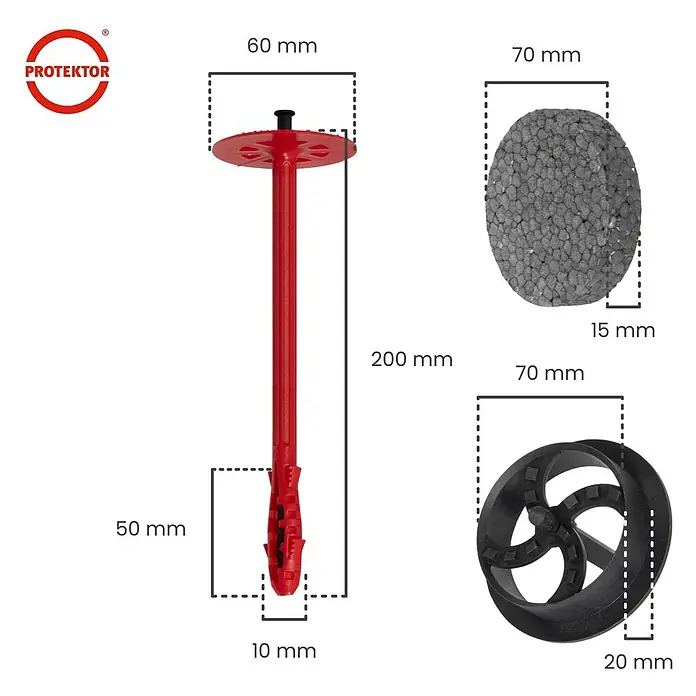 Protektor Dämmstoffdübel - Kunststoff - Roter Kunststoff-Dämmstoffdübel (200mm) mit grauem EPS-Stopfen und schwarzer Kunststoffkappe, Maße angegeben.