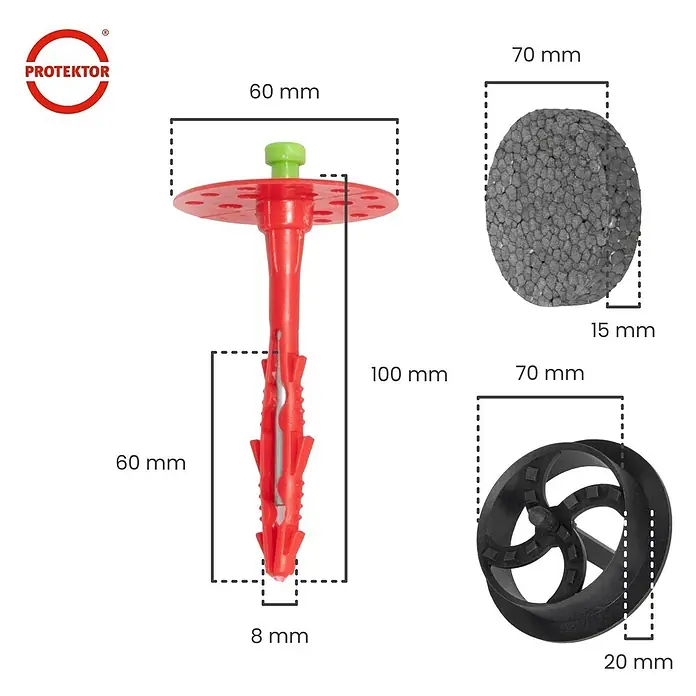 Protektor Dämmstoffdübel - Kunststoff - Roter Kunststoff-Isolierdübel (100mm) mit grüner Kappe, grauer EPS-Stopfen (70x15mm) und schwarzer Senkfräser (70x20mm).