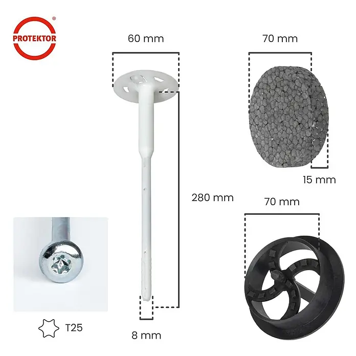 Protektor Dämmstoffdübel - Kunststoff - Weißer Kunststoff-Isolierdübel, 280mm lang, 8mm Schaft, 60mm Kopf, T25 Schraube, 70mm graue Dämmkappe und schwarzes Setzwerkzeug.
