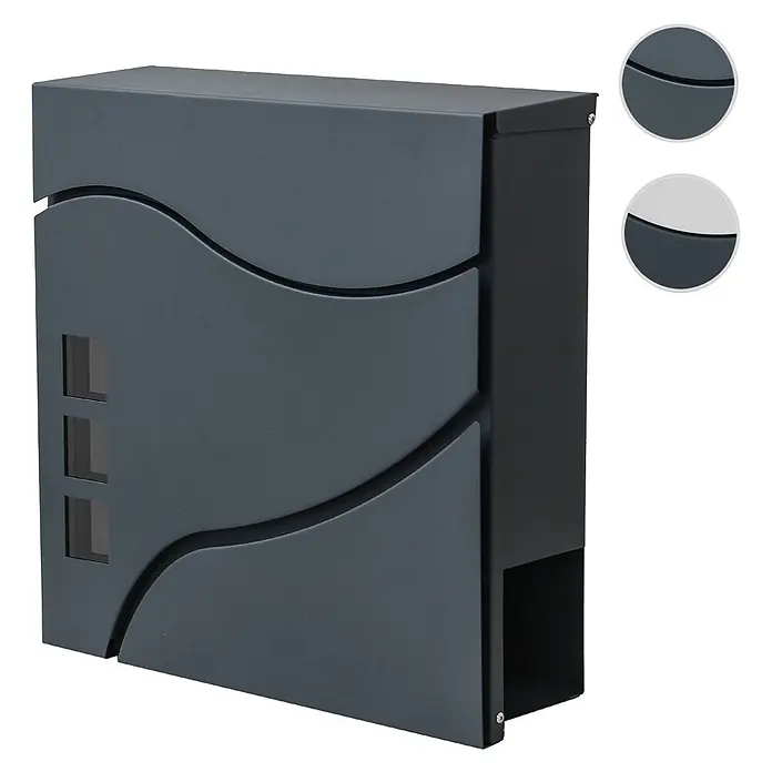 Mendler Briefkasten HWC-B31, pulverbeschichtet - anthrazit -  - Anthrazitfarbener Metallbriefkasten mit modernem Wellendesign und drei Sichtfenstern. Er hat einen oberen Einwurfschlitz und eine untere Entnahmeöffnung.
