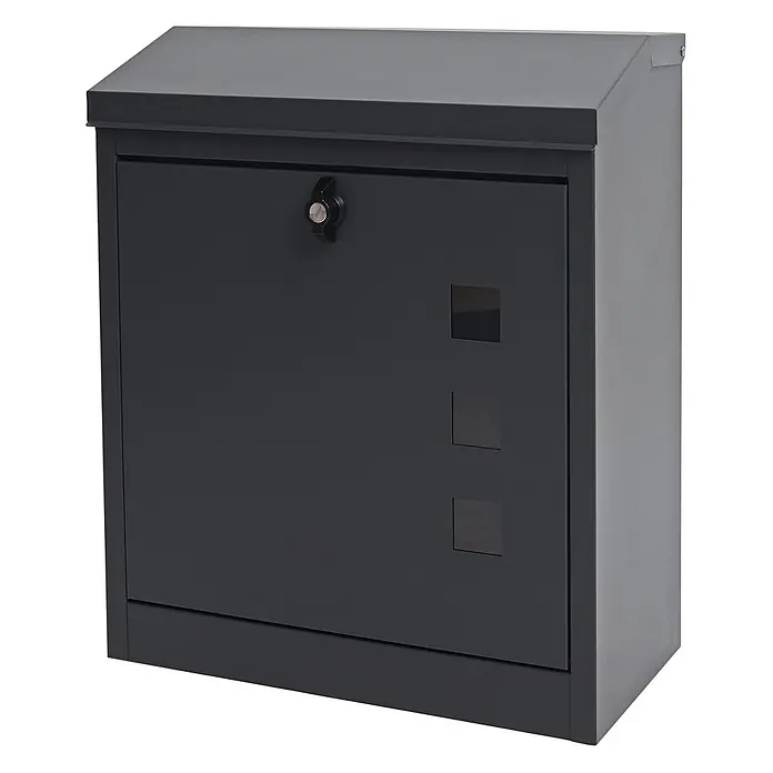 Mendler XXL Briefkasten HWC-H26 52x44x25cm - anthrazit-schwarz -  - Dunkelgrauer Metallbriefkasten mit schrägem Deckel, Türschloss und drei quadratischen Sichtfenstern.
