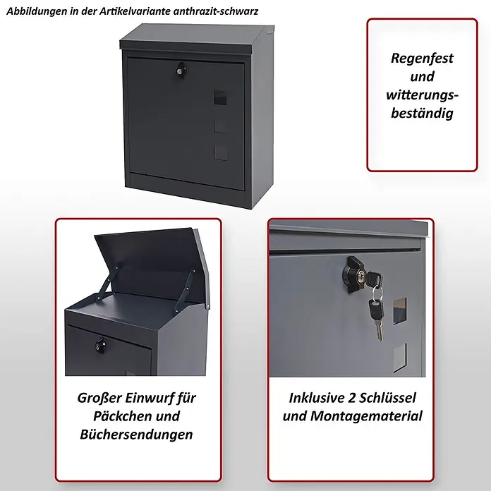 Mendler XXL Briefkasten HWC-H26 52x44x25cm - anthrazit-schwarz -  - Anthrazit-schwarzer Metall-Briefkasten für Pakete, wetterfest, inkl. Schlüssel und Montagematerial.