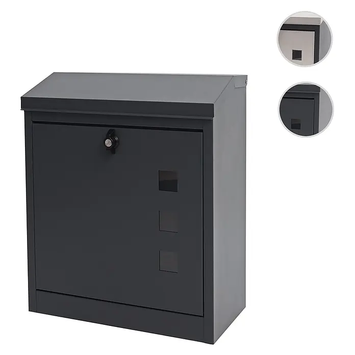 Mendler XXL Briefkasten HWC-H26 52x44x25cm - anthrazit-schwarz -  - Dunkelgrauer Metallbriefkasten mit Schlüsselschloss, schräger Oberseite und drei quadratischen Sichtfenstern.