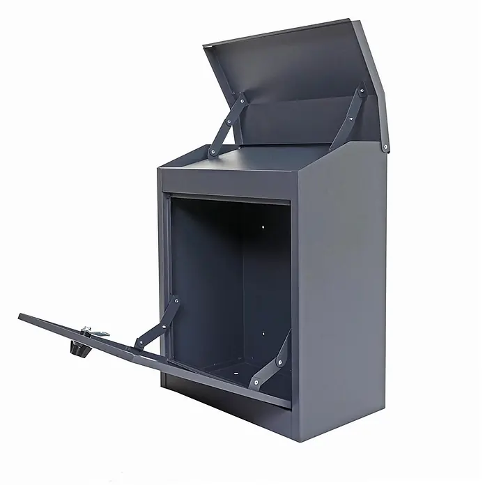 Mendler XXL Briefkasten HWC-H26 52x44x25cm - anthrazit-schwarz -  - Dunkelgrauer Paketkasten aus Metall mit geöffnetem Deckel und geöffneter Fronttür, der das Innere zeigt.