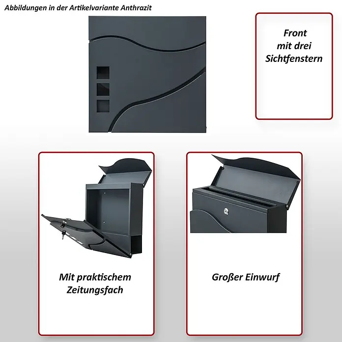 Mendler Briefkasten HWC-B31, pulverbeschichtet - anthrazit -  - Dunkelgrauer Anthrazit-Briefkasten aus Metall mit drei Sichtfenstern, praktischem Zeitungsfach und großem Einwurf.